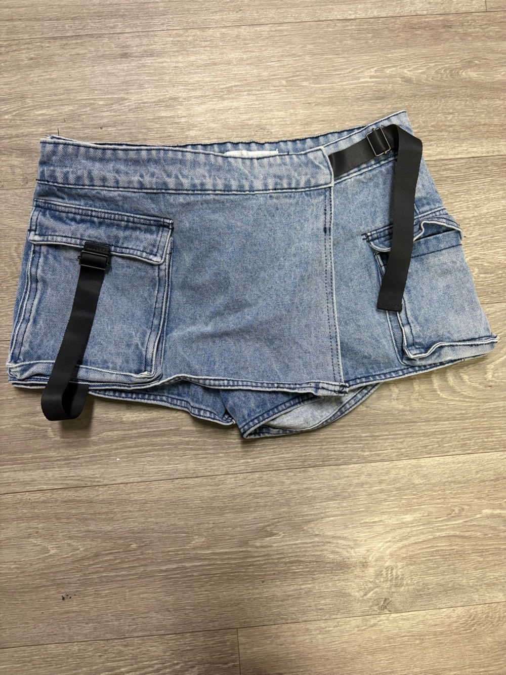 Fashion Nova Light Blue Denim Utility Skort with Black Strap Details